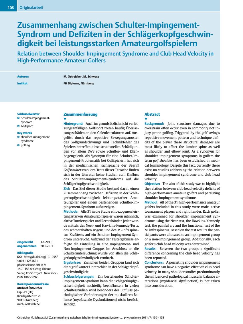 Vorschauseite 1: Zusammenhang zwischen Schulter-Impingement-Syndrom und Defiziten in der Schlägerkopfgeschwindigkeit bei leistungsstarken Amateurgolfspielern