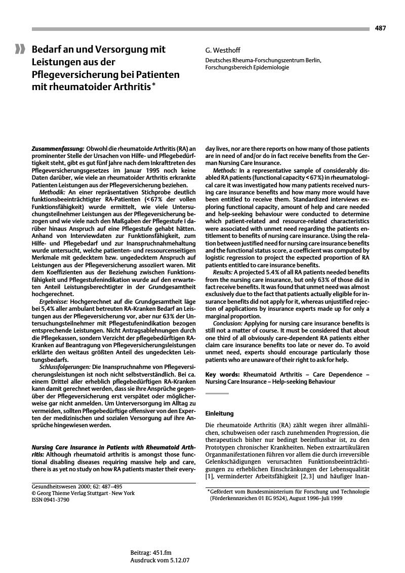 Vorschauseite 1: Bedarf an und Versorgung mit Leistungen aus der Pflegeversicherung bei Patienten mit rheumatoider Arthritis*