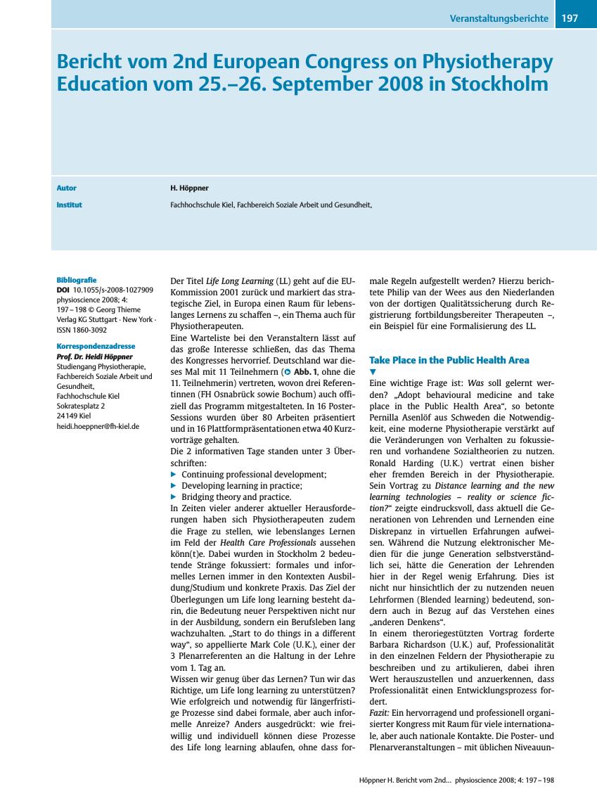 Vorschauseite 1: Bericht vom 2nd European Congress on Physiotherapy Education vom 25.?26. September 2008 in Stockholm