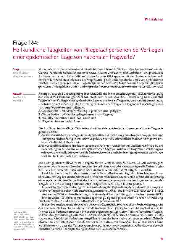 Vorschauseite 1: Heilkundliche Tätigkeiten von Pflegefachpersonen bei Vorliegen einer epidemischen Lage von nationaler Tragweite?