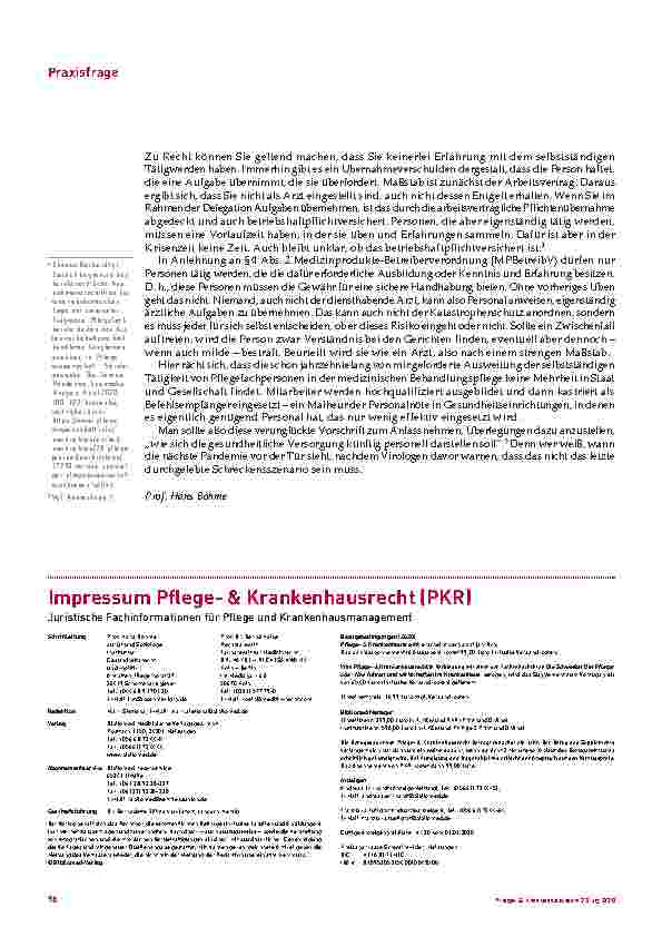 Vorschauseite 2: Heilkundliche Tätigkeiten von Pflegefachpersonen bei Vorliegen einer epidemischen Lage von nationaler Tragweite?