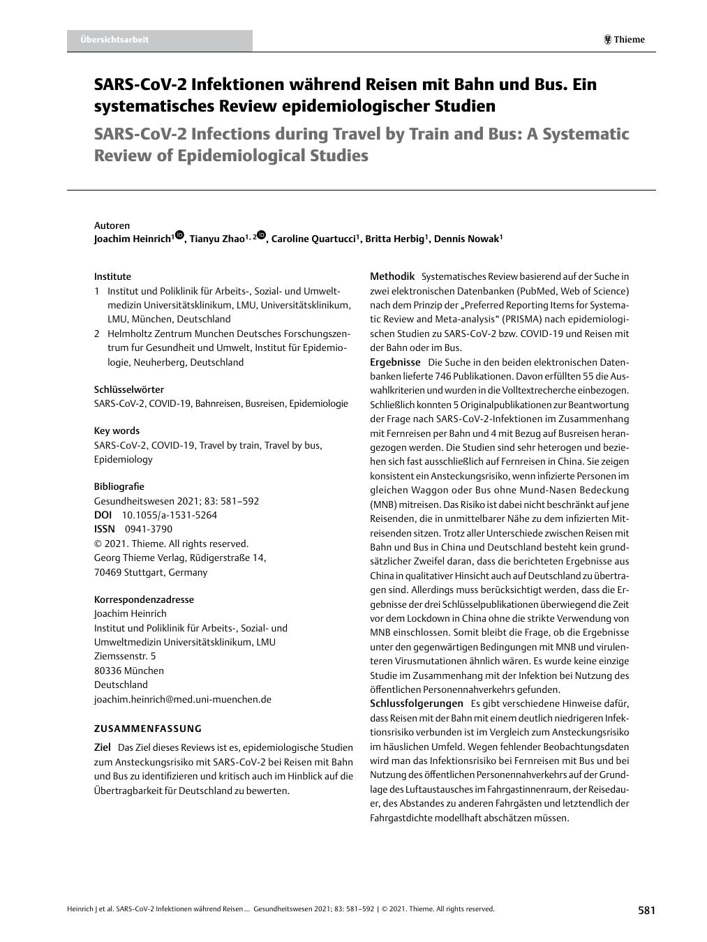 Vorschauseite 1: SARS-CoV-2 Infektionen während Reisen mit Bahn und Bus. Ein systematisches Review epidemiologischer Studien.