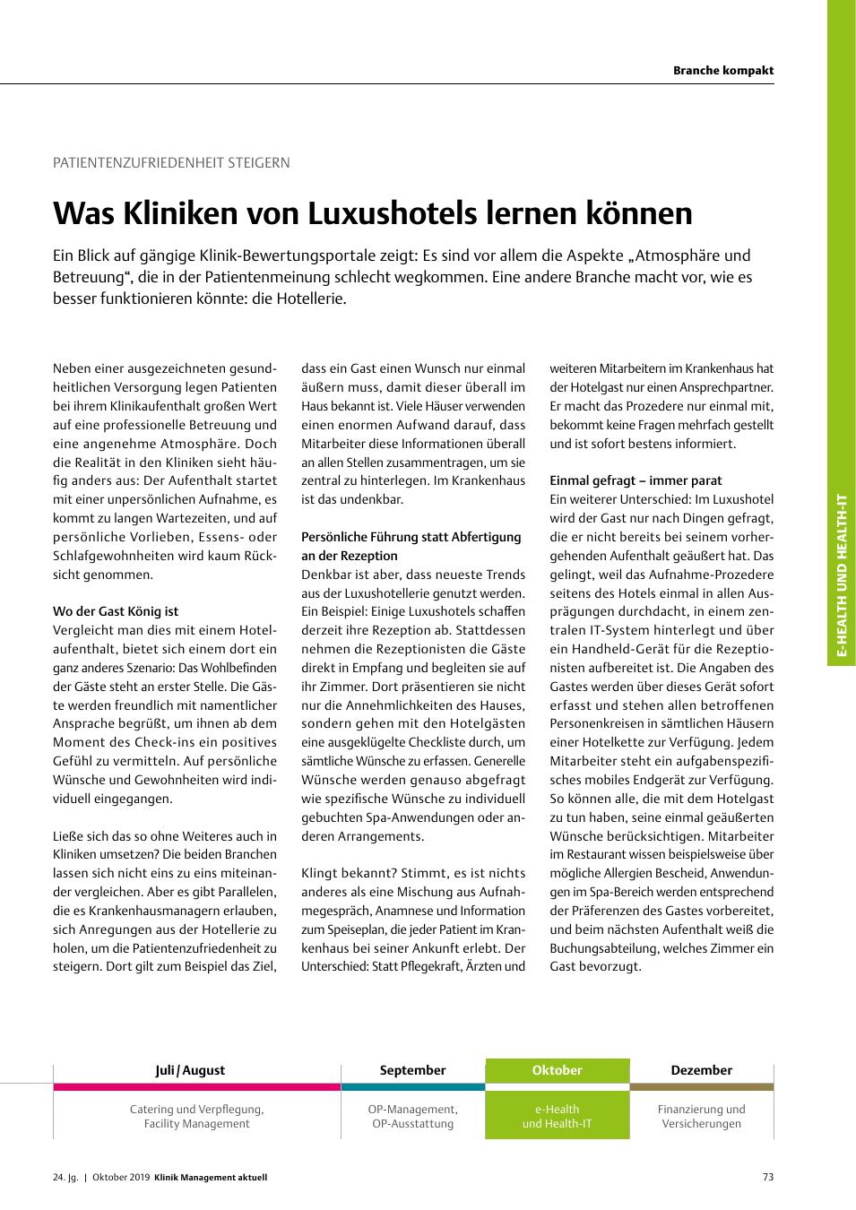 Vorschauseite 1: Patientenzufriedenheit steigern: Was Kliniken von Luxushotels lernen konnen