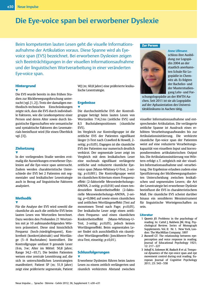 Vorschauseite 1: Die Eye-voice span bei erworbener Dyslexie