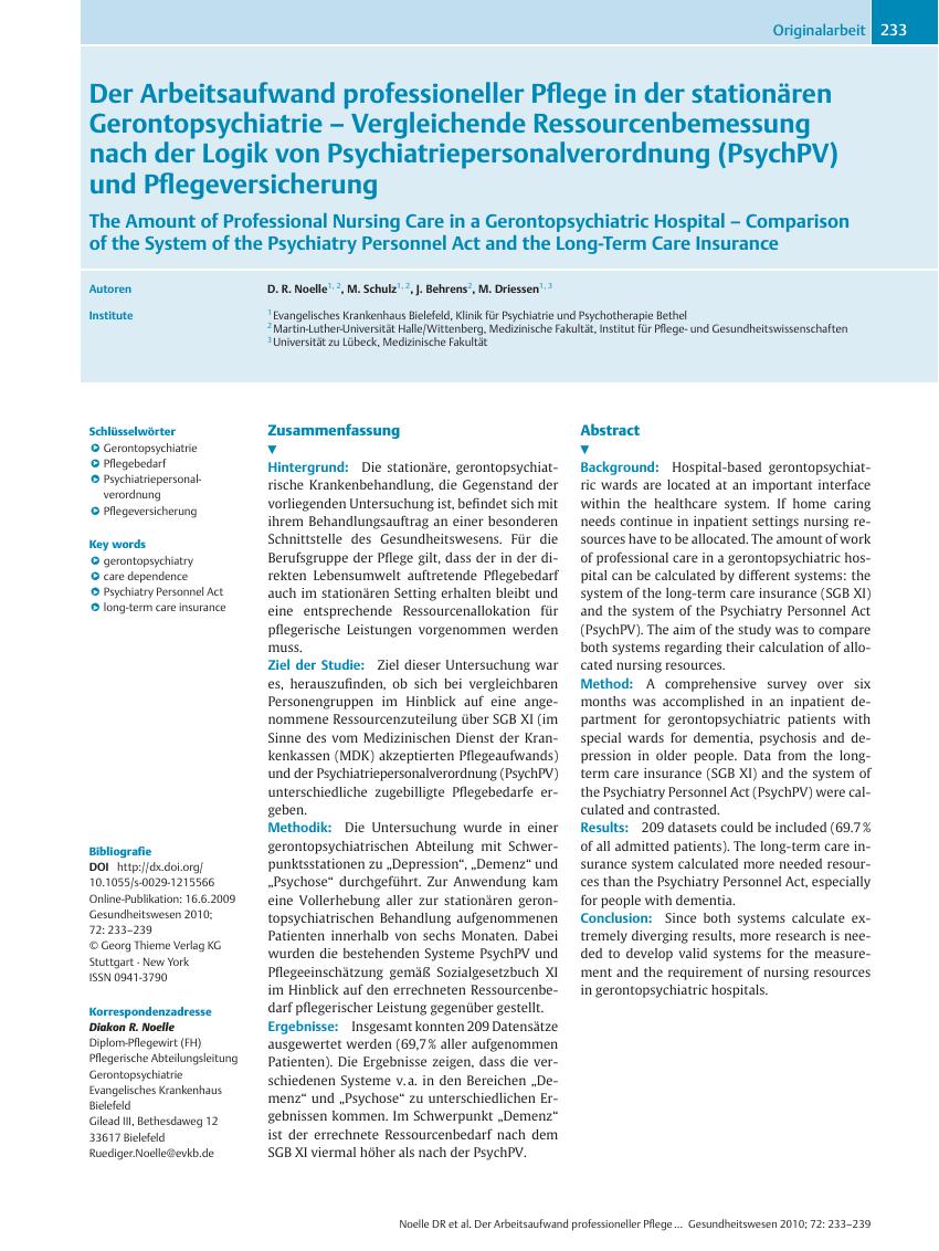 Vorschauseite 1: Der Arbeitsaufwand professioneller Pflege in der stationären Gerontopsychiatrie – Vergleichende Ressourcenbemessung nach der Logik von Psychiatriepersonalverordnung (PsychPV) und…