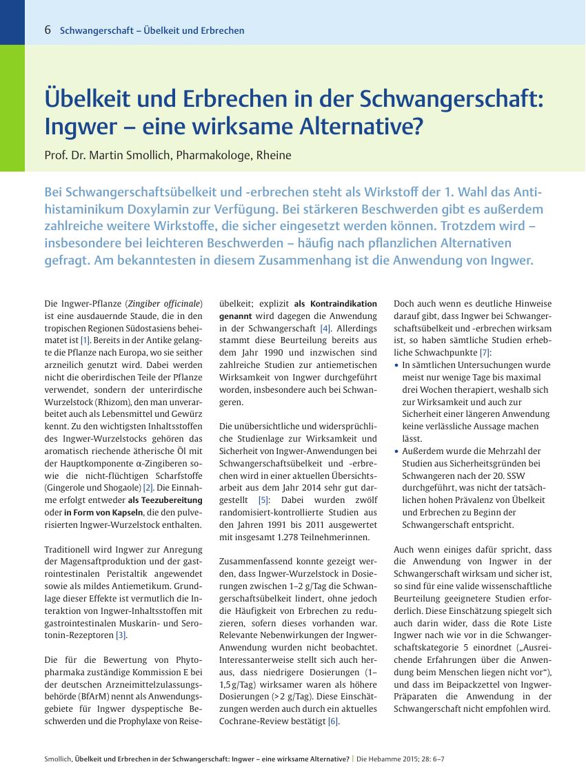 Vorschauseite 1: Übelkeit und Erbrechen in der Schwangerschaft: Ingwer ? eine wirksame Alternative?