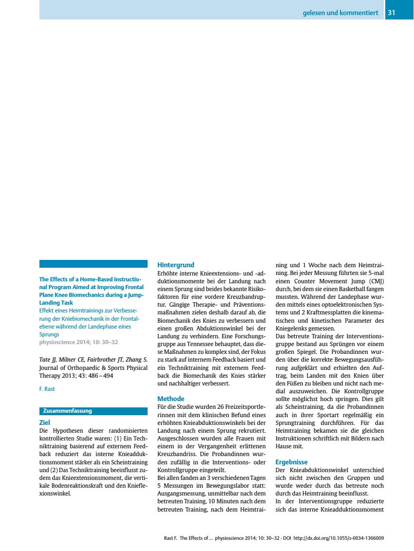 Vorschauseite 1: The Effects of a Home-Based Instructional Program Aimed at Improving Frontal Plane Knee Biomechanics during a Jump-Landing Task