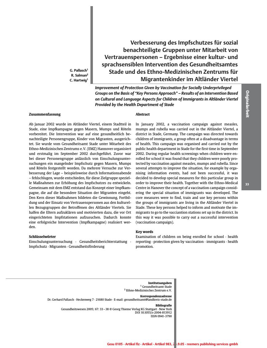 Vorschauseite 1: Verbesserung des Impfschutzes für sozial benachteiligte Gruppen unter Mitarbeit von Vertrauenspersonen - Ergebnisse einer kulturund sprachsensiblen Intervention des Gesundheitsamt…