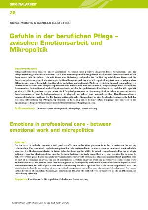 Vorschauseite 1: Gefühle in der beruflichen Pflege – zwischen Emotionsarbeit und Mikropolitik