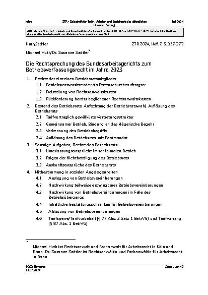 Vorschauseite 1: Die Rechtsprechung des Bundesarbeitsgerichts zum Betriebsverfassungsrecht im Jahre 2023