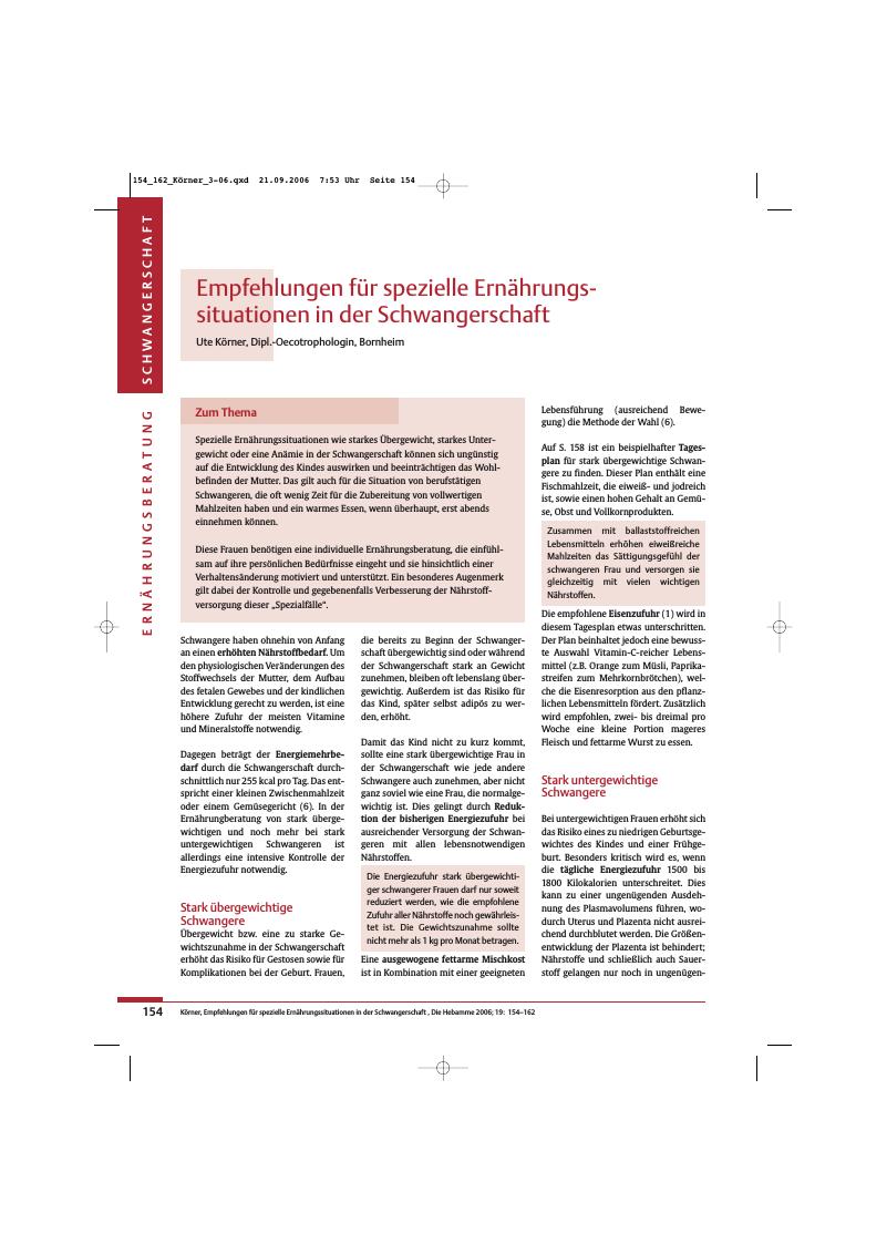 Vorschauseite 1: Empfehlungen für spezielle Ernährungs-situationen in der Schwangerschaft