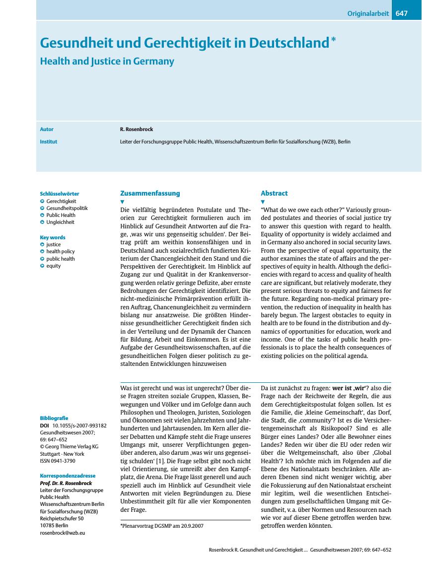 Vorschauseite 1: Gesundheit und Gerechtigkeit in Deutschland