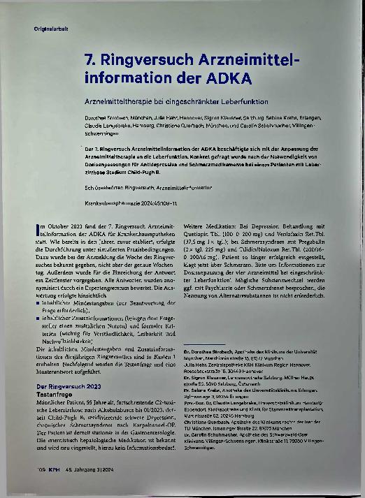 Vorschauseite 1: 7. Ringversuch Arzneimittelinformation der ADKA Arzneimitteltherapie bei eingeschränkter Leberfunktion