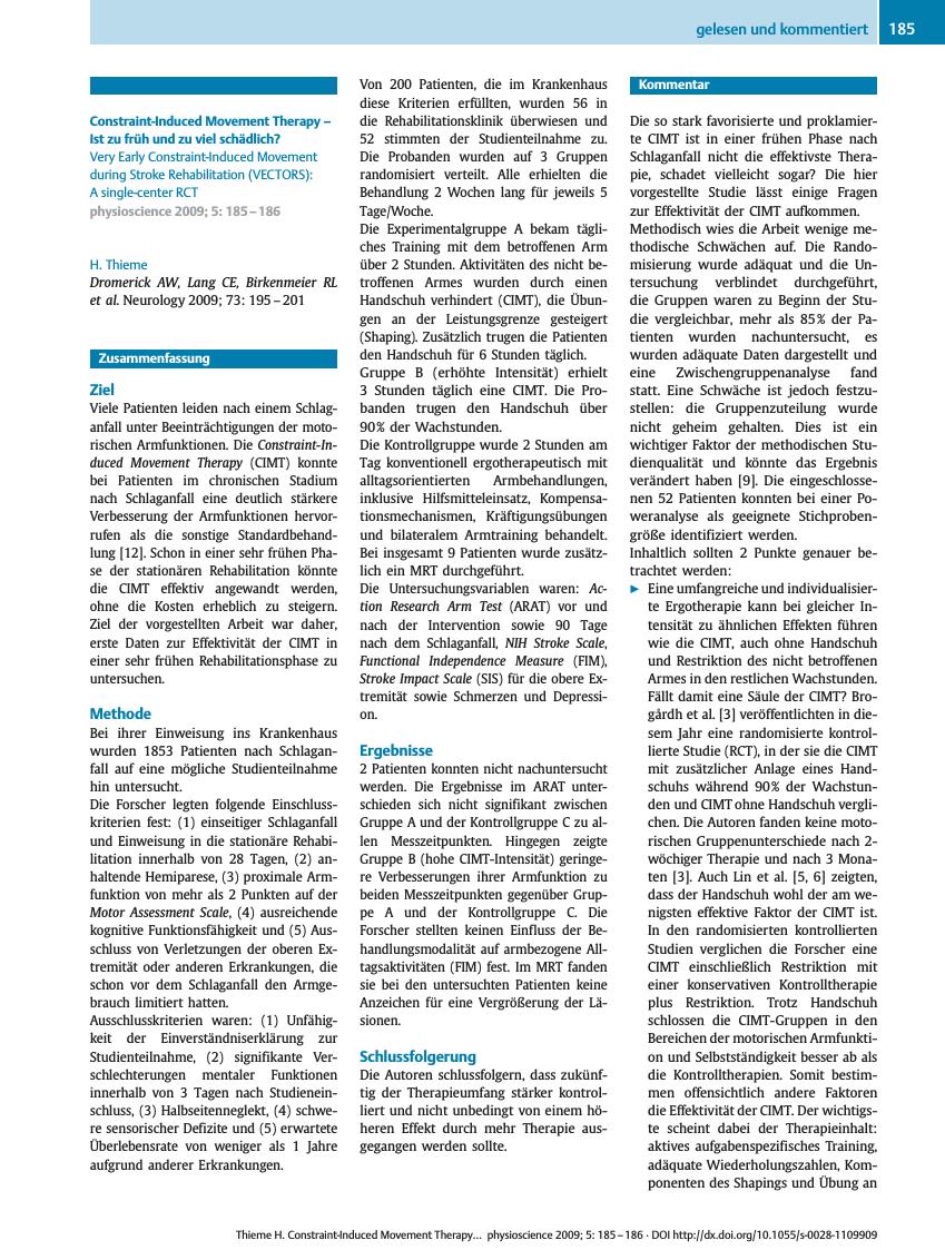 Vorschauseite 1: Constraint-Induced Movement Therapy ? Ist zu früh und zu viel schädlich?