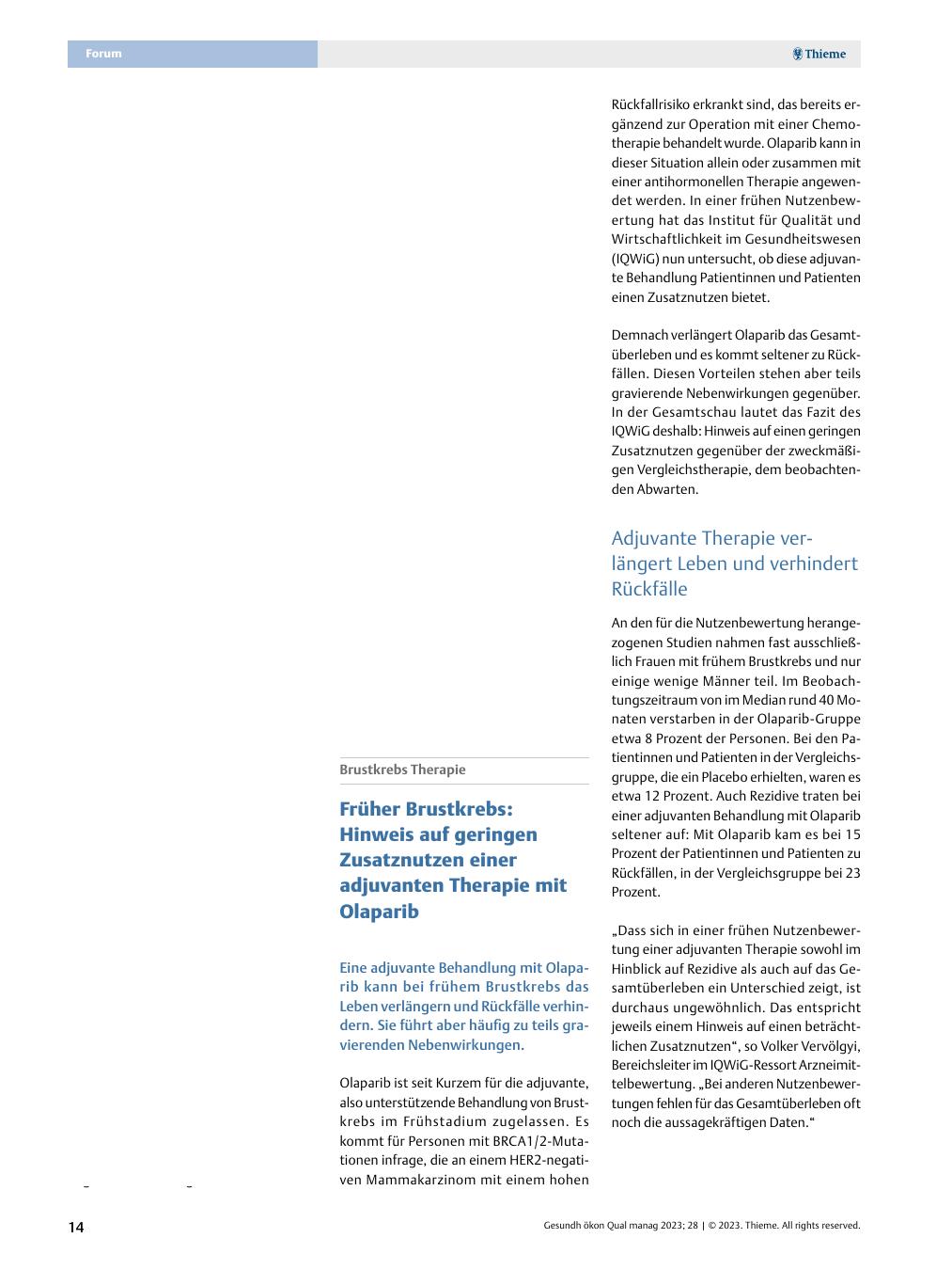 Vorschauseite 1: Brustkrebstherapie - Früher Brustkrebs: Hinweis auf geringen Zusatznutzen einer adjuvanten Therapie mit Olaparib