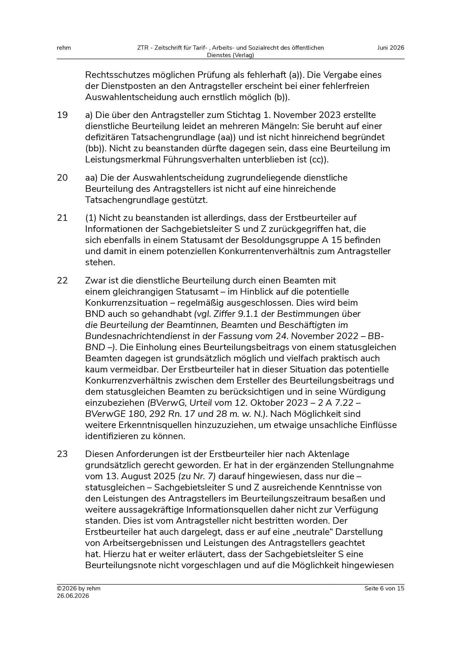 Vorschauseite 6: Wesentliche Verschlechterung einer dienstlichen Beurteilung wegen fehlender Personalführung – Beurteilungsbeiträge