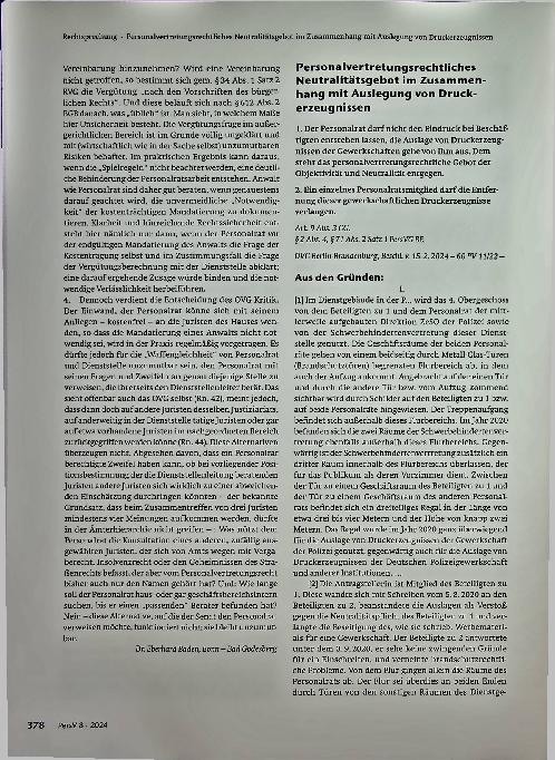 Vorschauseite 1: Personalvertretungsrechtliches Neutralitätsgebot im Zusammenhang mit Auslegung von Druckerzeugnissen