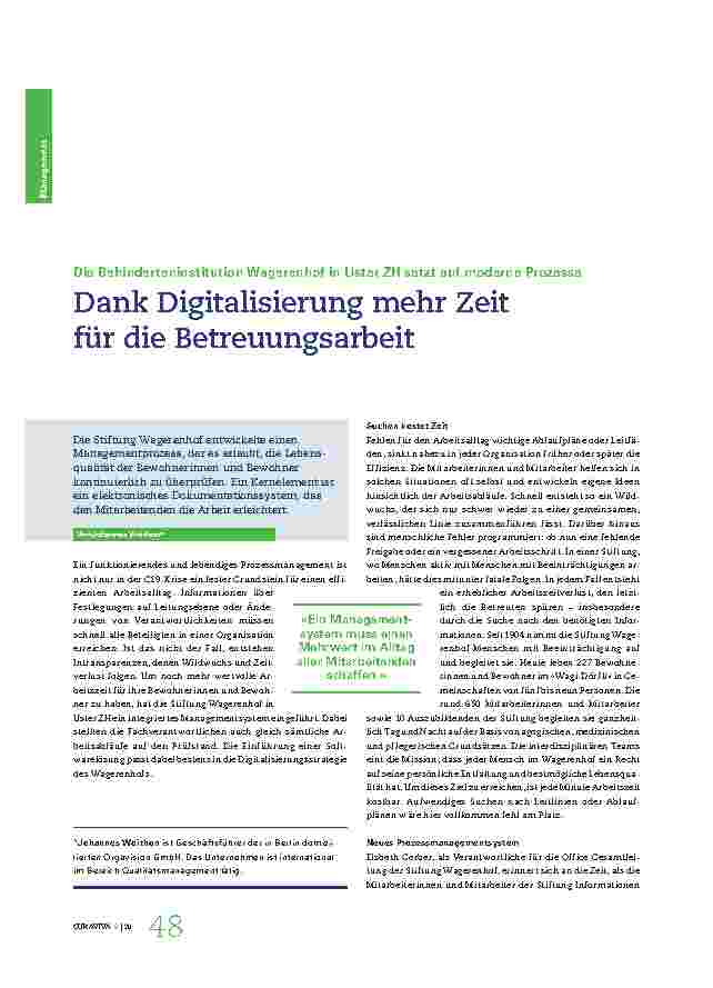Vorschauseite 1: Die Behinderteninstitution Wagerenhof in Uster ZH setzt auf moderne Prozesse. Dank Digitalisierung bleibt mehr Zeit für die Betreuungsarbeit.