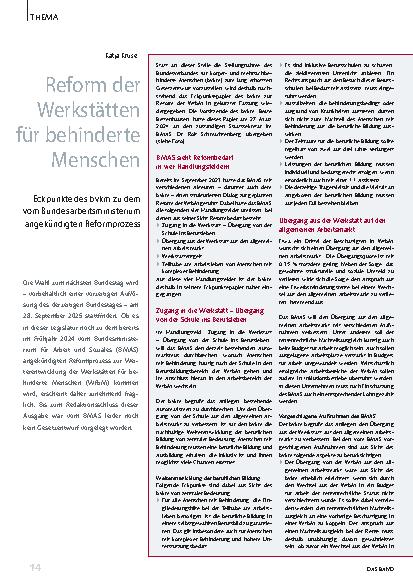 Vorschauseite 1: Reform der Werkstätten für behinderte Menschen
