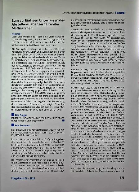 Vorschauseite 1: Zum vorläufigen Unterlassen des Abstellens lebenserhaltender Maßnahmen