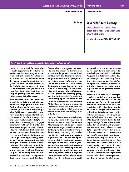 Vorschauseite 1: Leserbrief zum Beitrag: Die Zukunft der Notfallmedizin gestalten – aus Sicht von DGAI und BDA