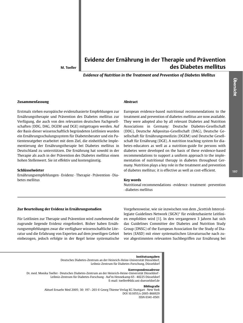 Vorschauseite 1: Evidenz der Ernährung in der Therapie und Prävention des Diabetes mellitus