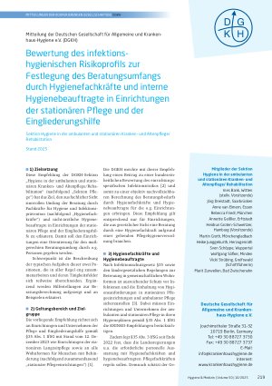 Vorschauseite 1: Bewertung des infektionshygienischen Risikoprofils zur Festlegung des Beratungsumfangs durch Hygienefachkräfte und interne Hygienebeauftragte in Einrichtungen der stationären Pfle…