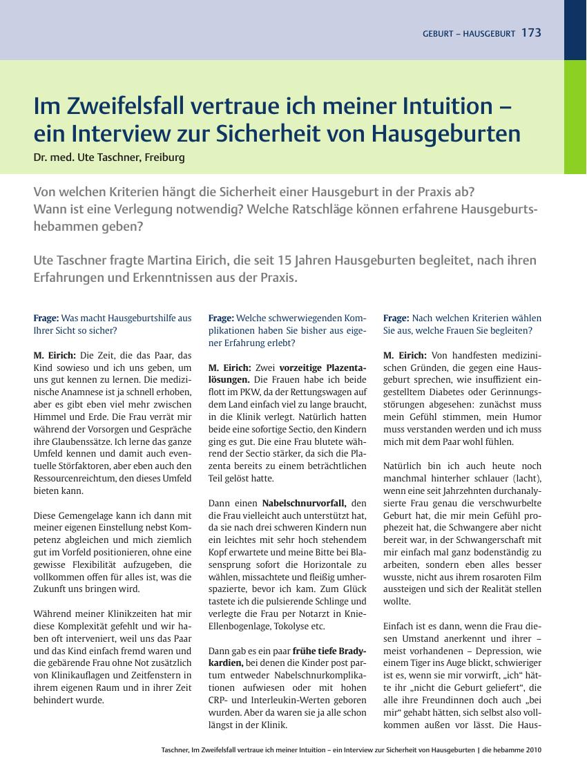 Vorschauseite 1: Im Zweifelsfall vertraue ich meiner Intuition – ein Interview zur Sicherheit von Hausgeburten
