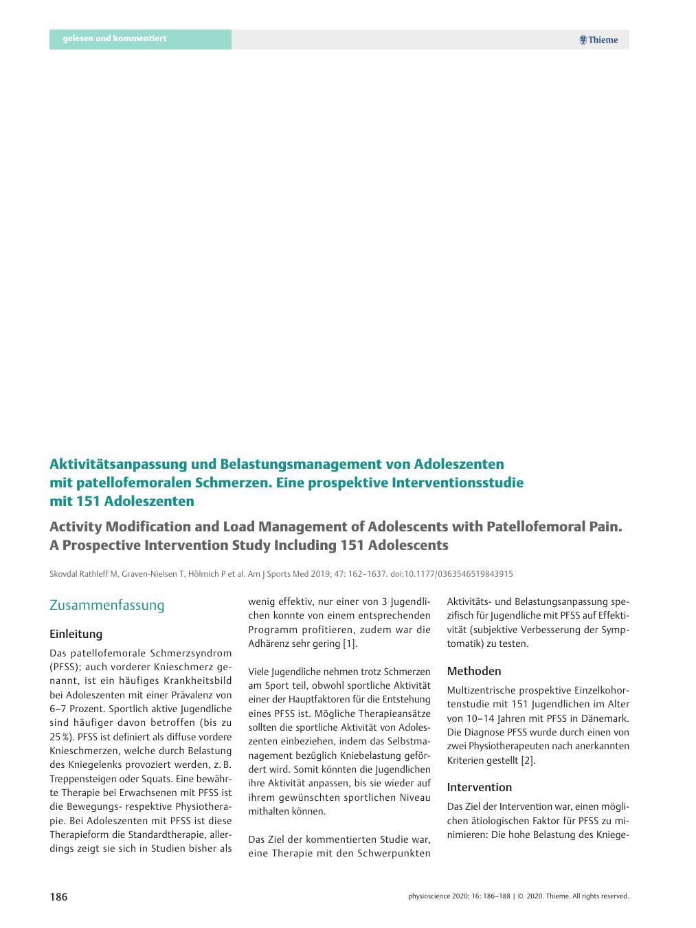 Vorschauseite 1: Aktivitätsanpassung und Belastungsmanagement von Adoleszenten mit patellofemoralen Schmerzen. Eine prospektive Interventionsstudie mit 151 Adoleszenten.