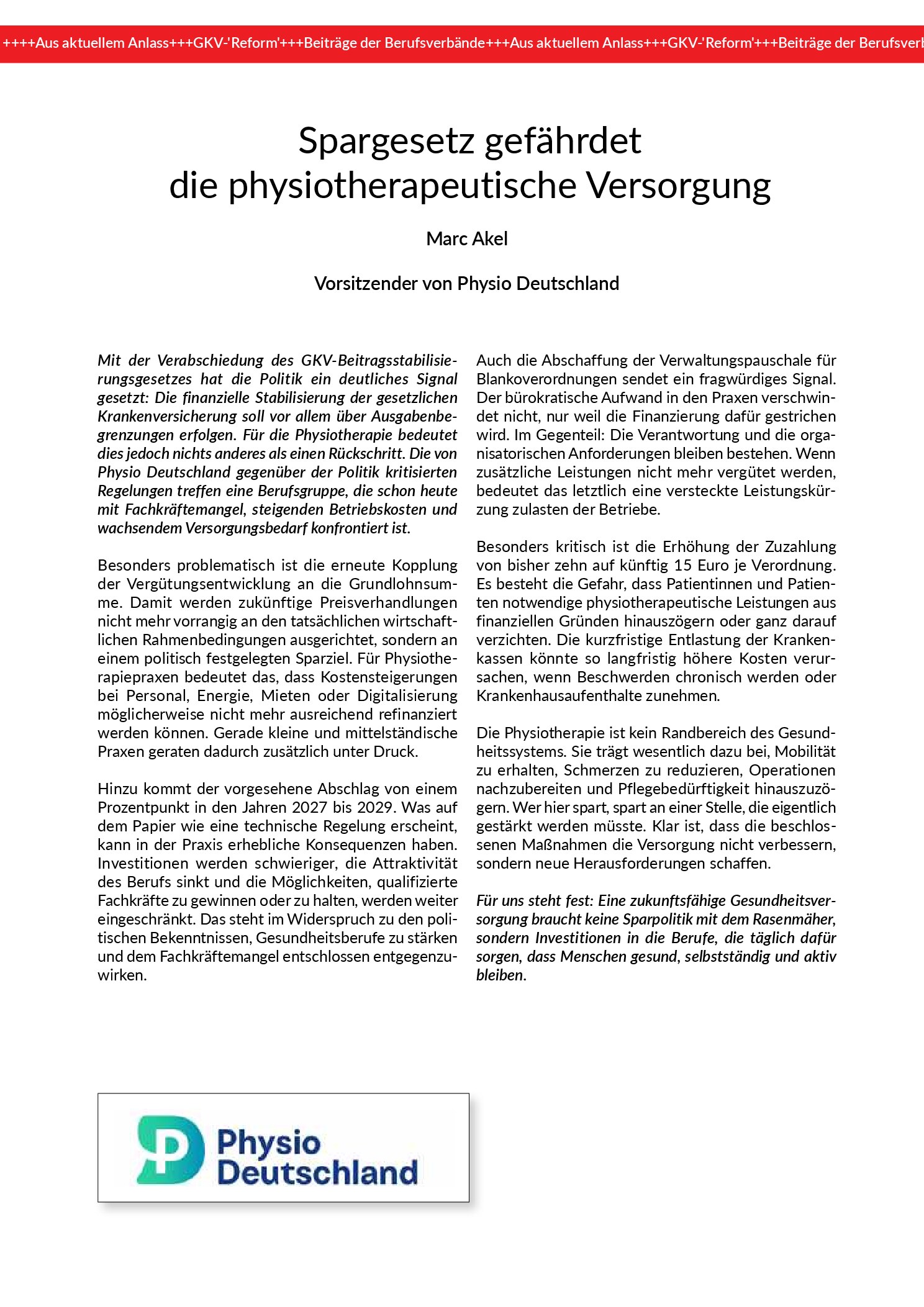 Vorschau: Spargesetz gefährdet die physiotherapeutische Versorgung