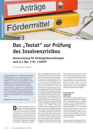 Vorschauseite 1: Das „Testat“ zur Prüfung des Insolvenzrisikos Voraussetzung für Fördergeldauszahlungen nach § 4 Abs. 2 Nr. 7 KHTFV