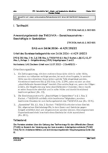 Vorschauseite 1: I. Tarifrecht Anwendungsbereich des TVöD/VKA – Bereichsausnahme – Beschäftigte in Gaststätten