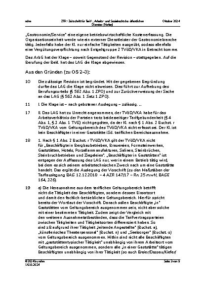 Vorschauseite 3: I. Tarifrecht Anwendungsbereich des TVöD/VKA – Bereichsausnahme – Beschäftigte in Gaststätten