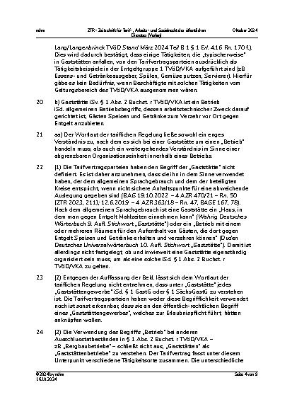 Vorschauseite 4: I. Tarifrecht Anwendungsbereich des TVöD/VKA – Bereichsausnahme – Beschäftigte in Gaststätten