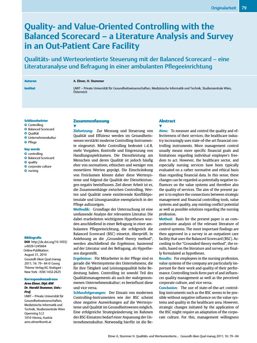 Vorschauseite 1: Qualityand Value-Oriented Controlling with the Balanced Scorecard – a Literature Analysis and Survey in an Out-Patient Care Facility
