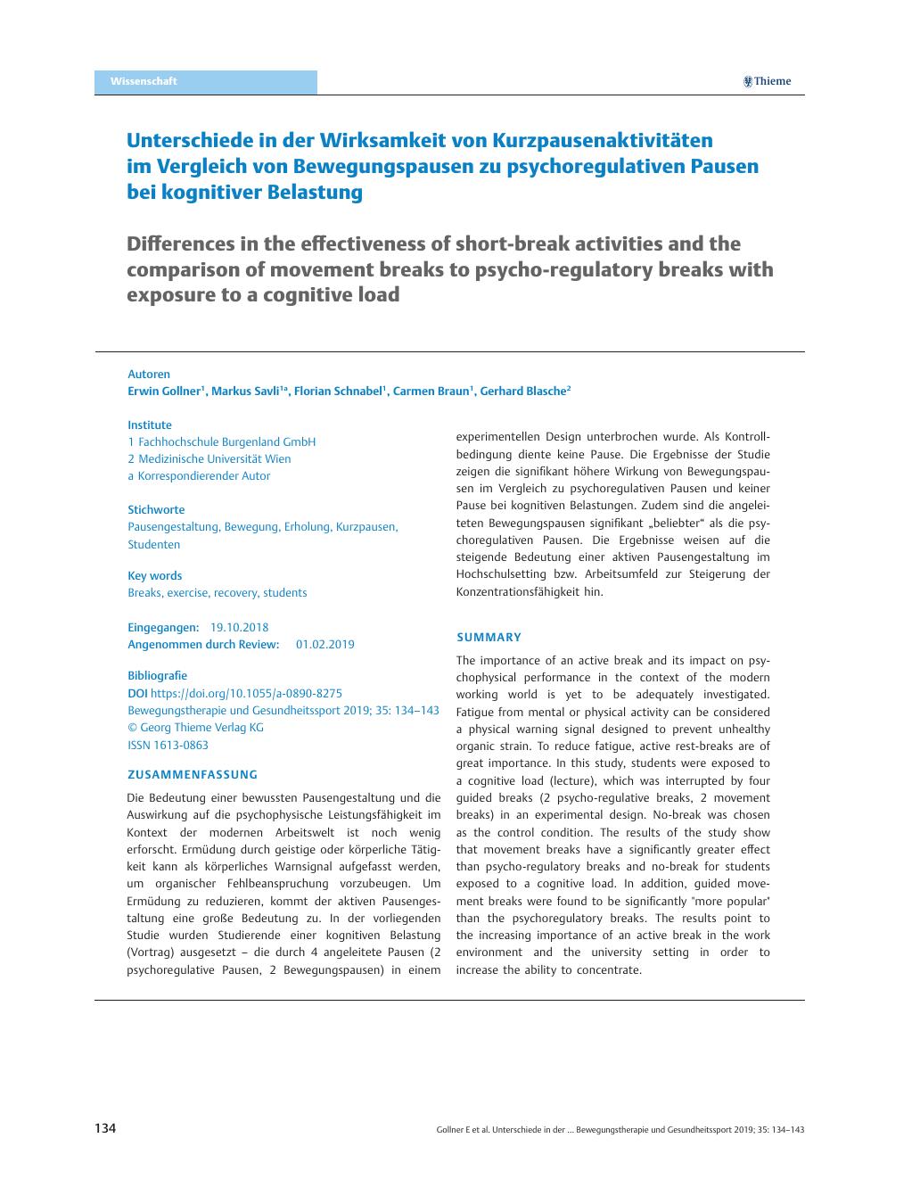 Vorschauseite 1: Unterschiede in der Wirksamkeit von Kurzpausenaktivitäten im Vergleich von Bewegungspausen zu psychoregulativen Pausen bei kognitiver Belastung