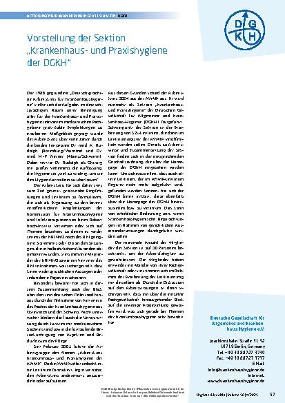 Vorschauseite 1: Vorstellung der Sektion „Krankenhausund Praxishygiene der DGKH“