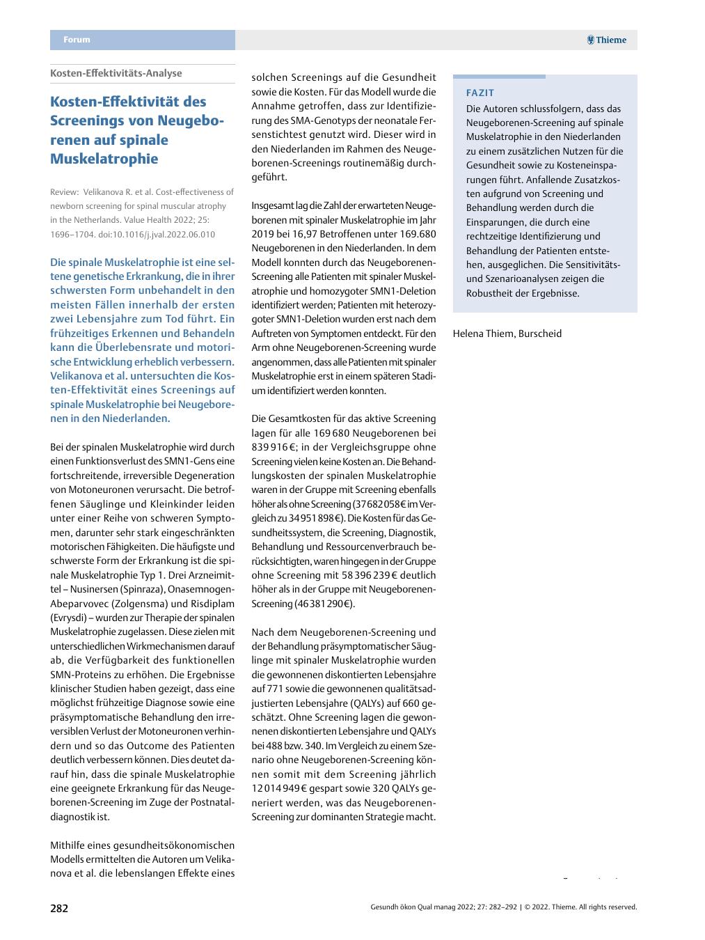 Vorschauseite 1: Kosten-Effektivitäts-Analyse - Kosten-Effektivität des Screenings von Neugeborenen auf spinale Muskelatrophie