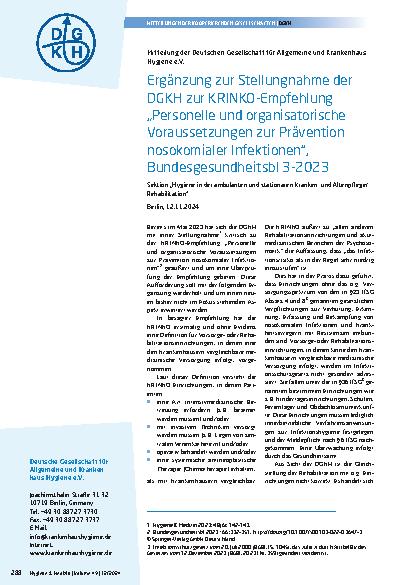 Vorschauseite 1: Ergänzung zur Stellungnahme der DGKH zur KRINKO-Empfehlung „Personelle und organisatorische Voraussetzungen zur Prävention nosokomialer Infektionen“, Bundesgesundheitsbl. 3-2023