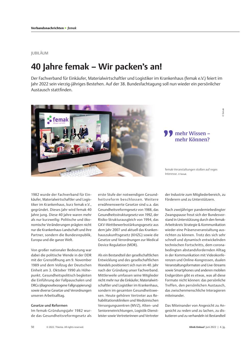 Vorschauseite 1: Jubiläum: 40 Jahre femak – Wir packen’s an!
