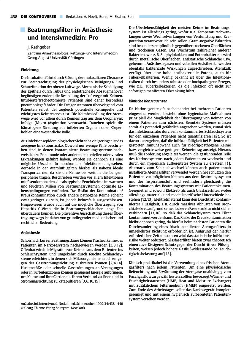 Vorschauseite 1: Beatmungsfilter in Anästhesie und Intensivmedizin: Pro