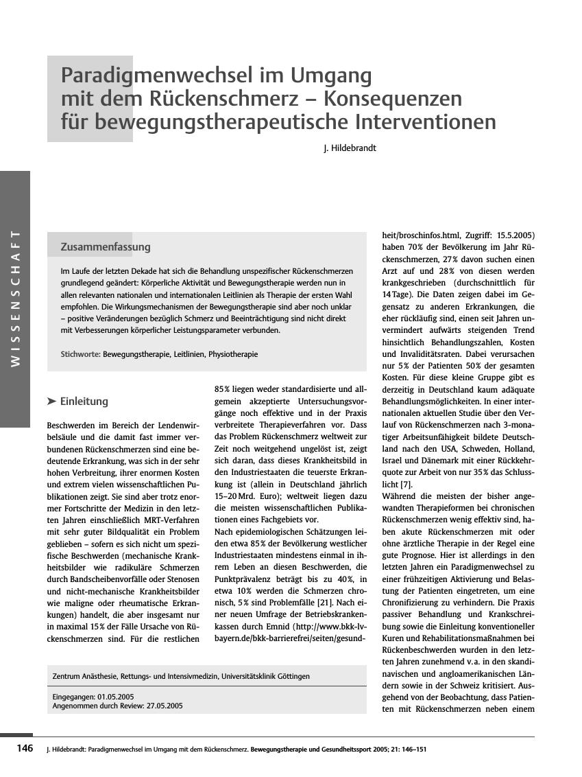 Vorschauseite 1: Paradigmenwechsel im Umgang mit dem Rückenschmerz - Konsequenzen für bewegungstherapeutische Interventionen