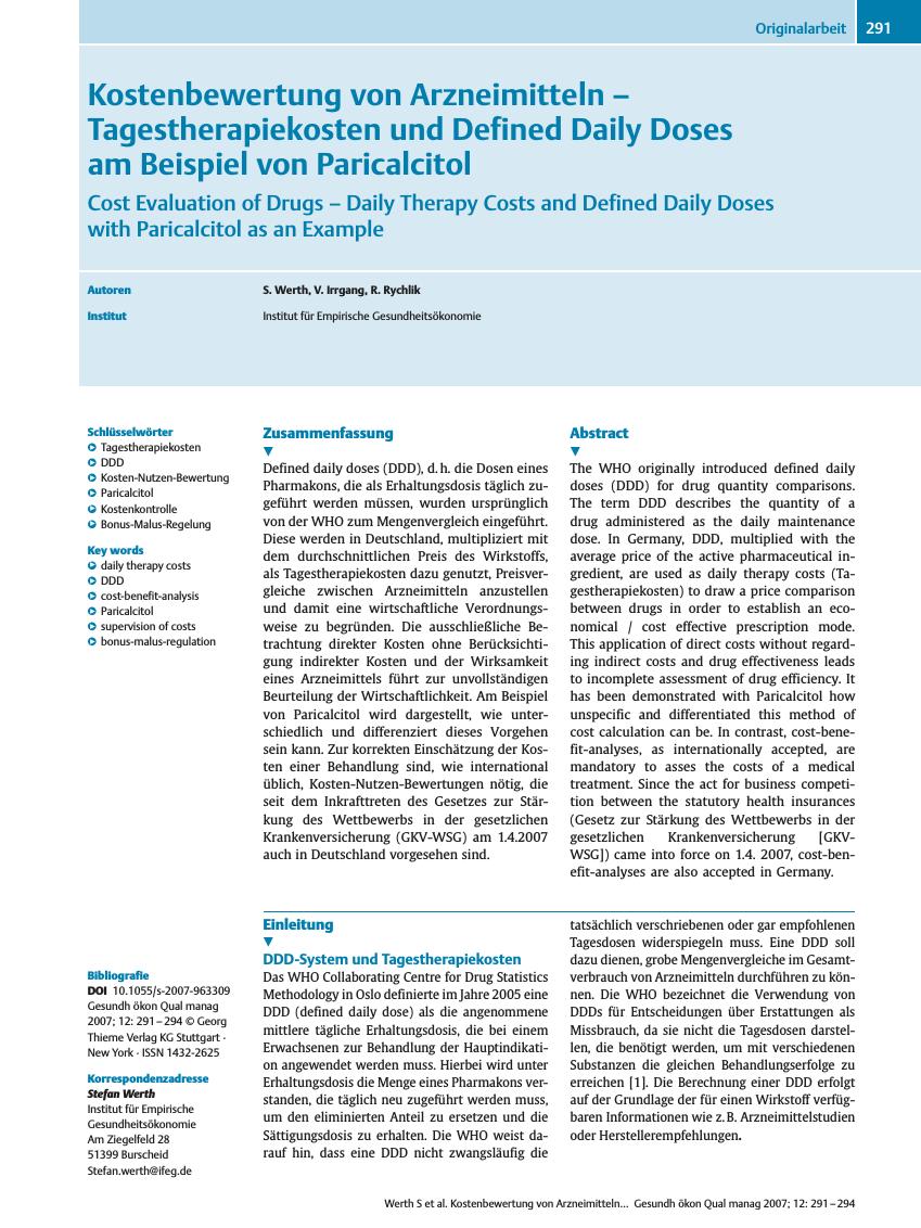 Vorschauseite 1: Kostenbewertung von Arzneimitteln - Tagestherapiekosten und Defined Daily Doses am Beispiel von Paricalcitol