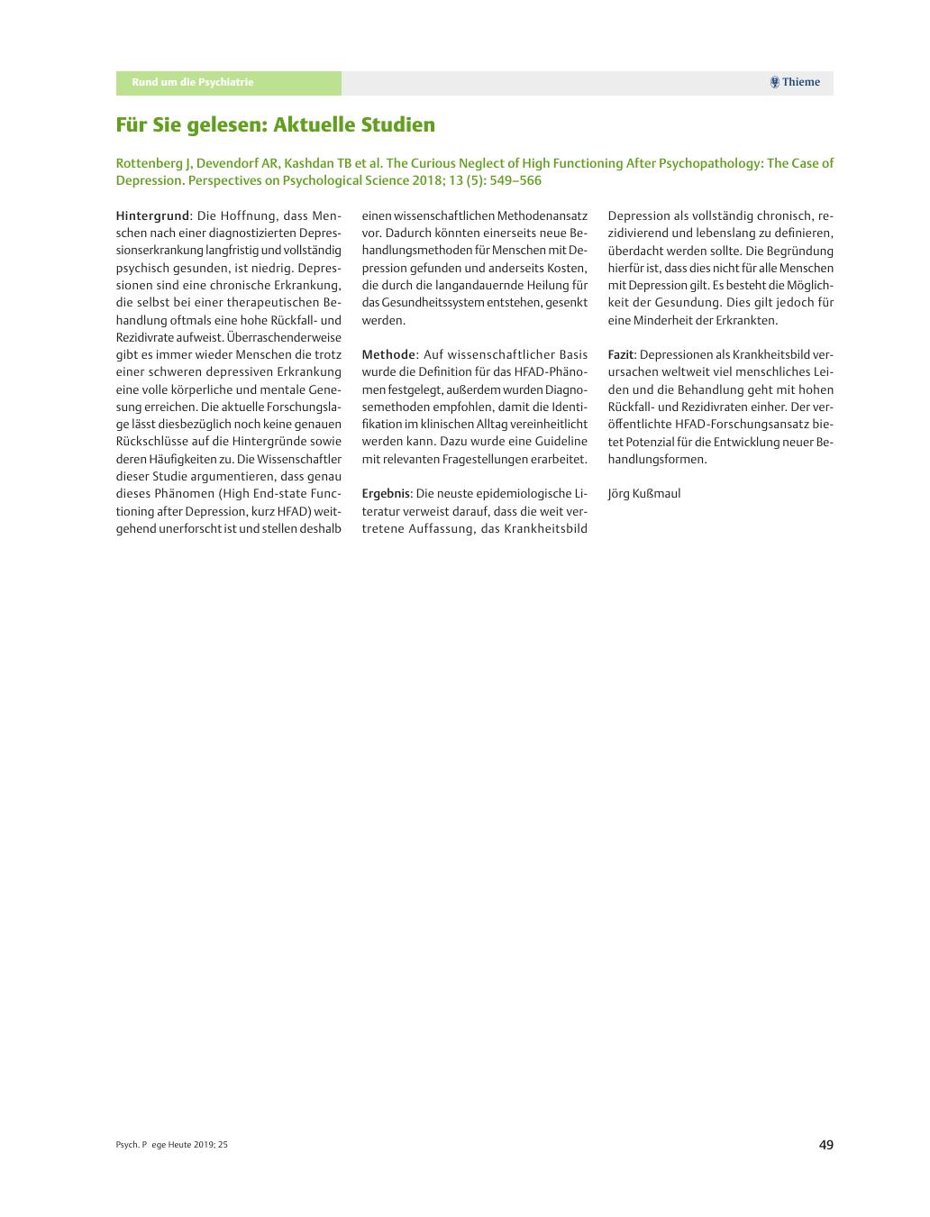 Vorschauseite 1: Für Sie gelesen: Aktuelle Studien: Rottenberg J, Devendorf AR, Kashdan TB et al. The Curious Neglect of High Functioning After Psychopathology: The Case of Depression. Perspective…