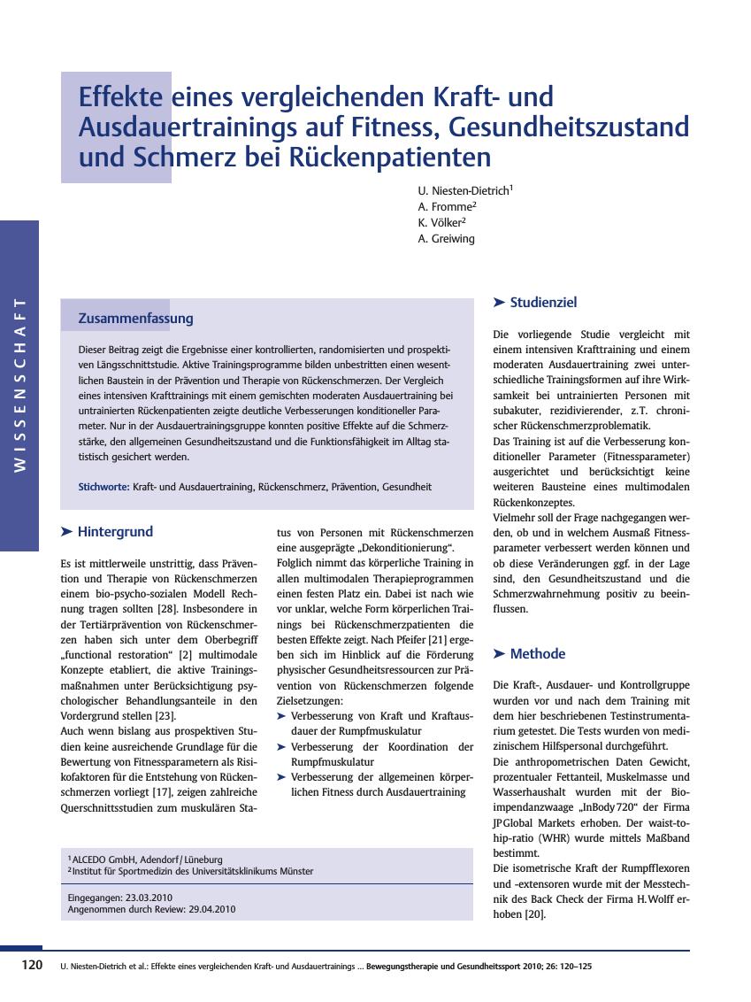 Vorschauseite 1: Effekte eines vergleichenden Kraftund Ausdauertrainings auf Fitness, Gesundheitszustand und Schmerz bei Rückenpatienten