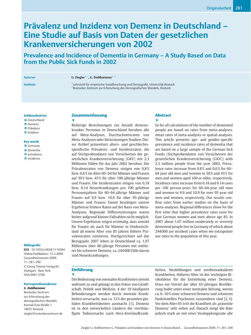 Vorschauseite 1: Prävalenz und Inzidenz von Demenz in Deutschland – Eine Studie auf Basis von Daten der gesetzlichen Krankenversicherungen von 2002