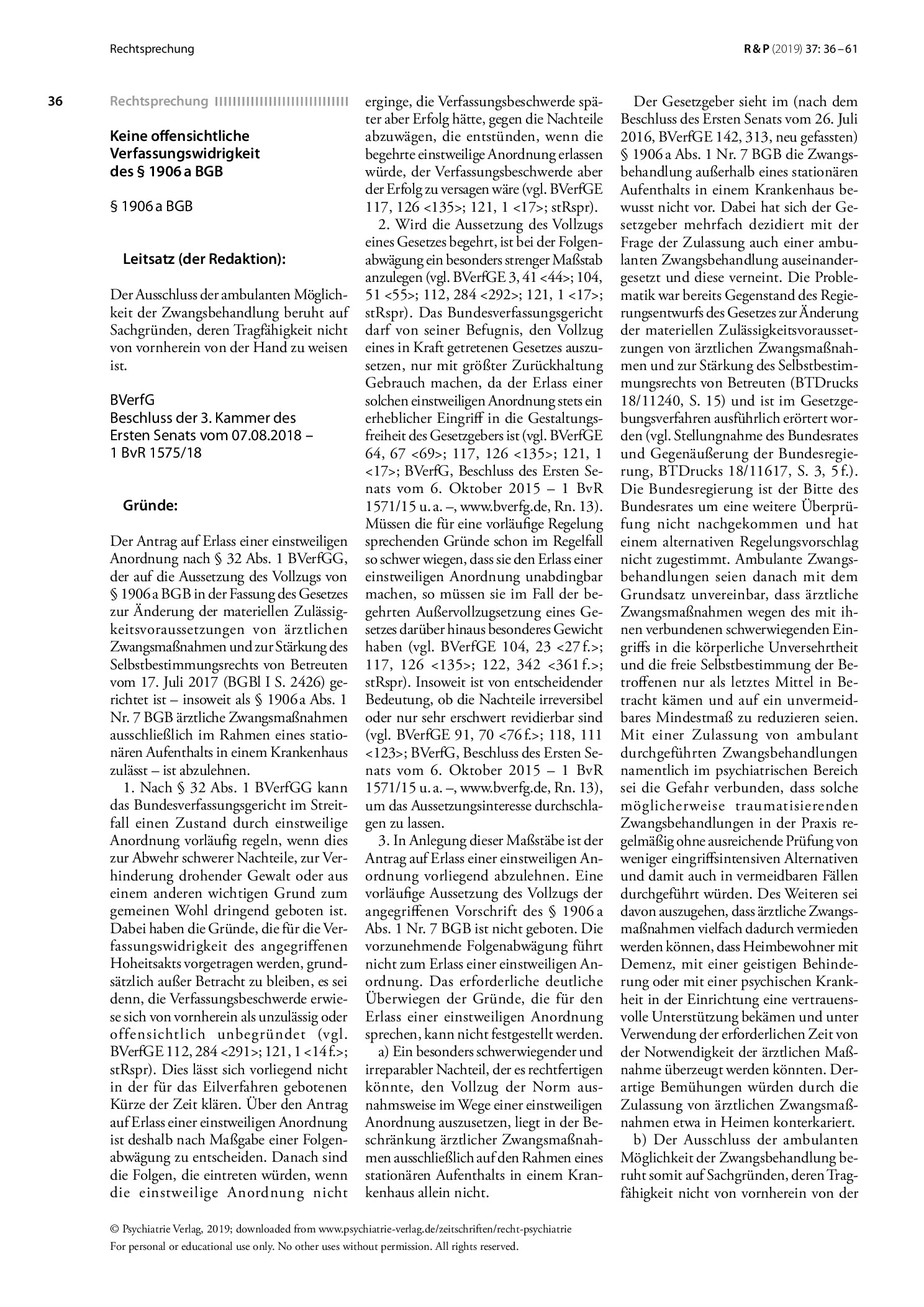 Vorschauseite 1: Keine offensichtliche Verfassungswidrigkeit des § 1906a BGB
