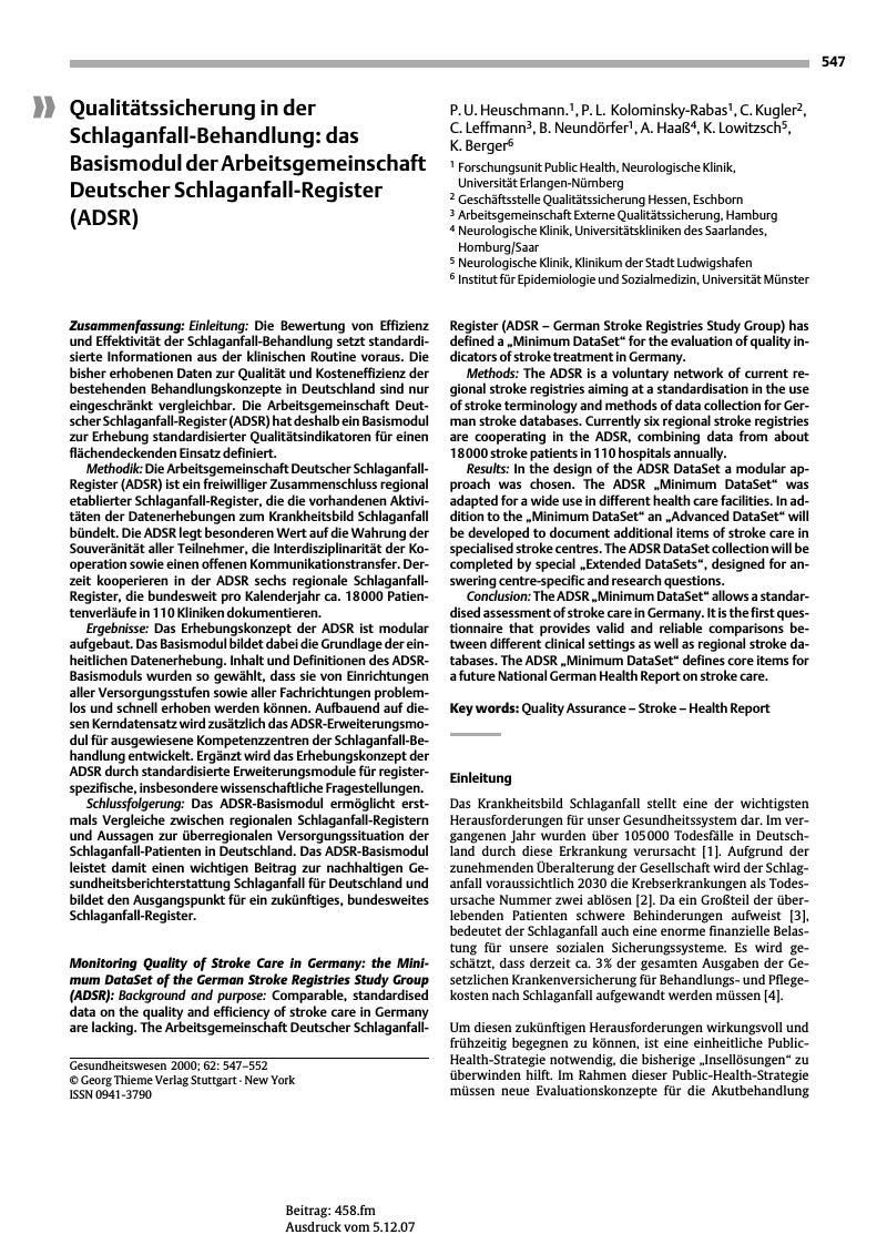 Vorschauseite 1: Qualitätssicherung in der Schlaganfall-Behandlung: das Basismodul der Arbeitsgemeinschaft Deutscher Schlaganfall-Register (ADSR)