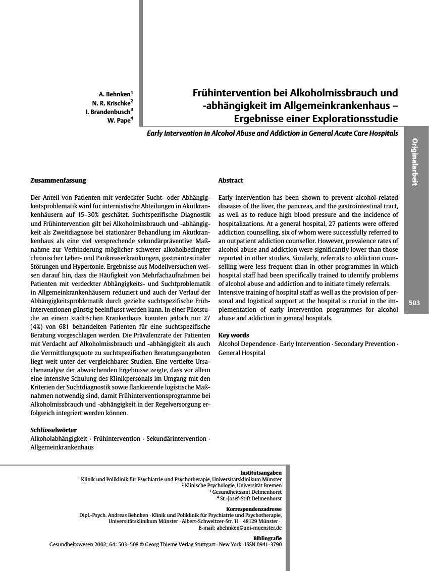 Vorschauseite 1: Frühintervention bei Alkoholmissbrauch und -abhängigkeit im Allgemeinkrankenhaus - Ergebnisse einer Explorationsstudie