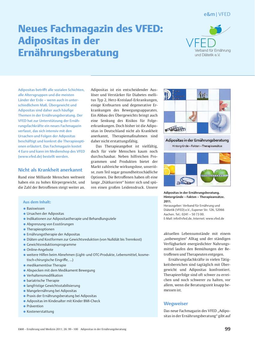 Vorschauseite 1: Neues Fachmagazin des VFED: Adipositas in der Ernährungsberatung